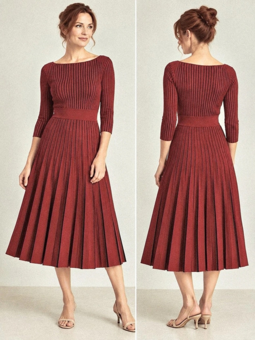 THE FOLD LONDON BOUVERIE RIBBED KNIT PLEATED MIDI DRESS L